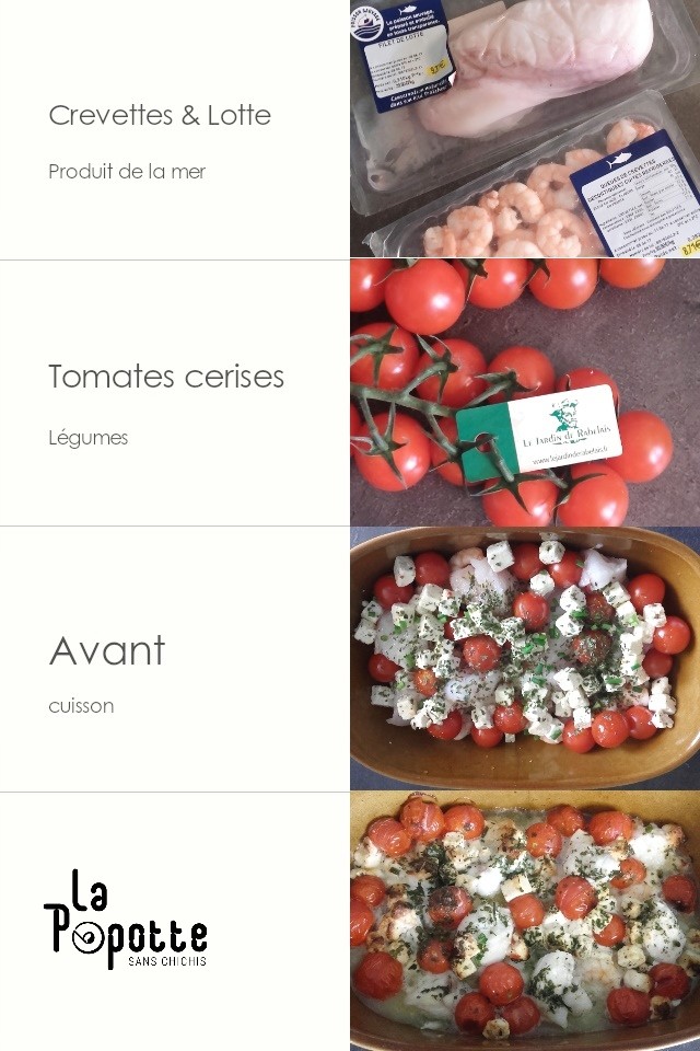 Crevettes, lotte à l'ail feta et tomates